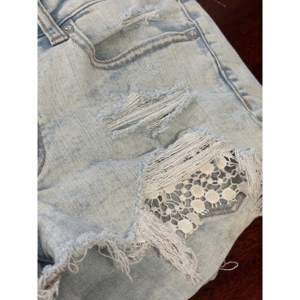 American‎ Eagle Shortie Distressed Lace Crochet Denim Shorts 6 Super Stretch